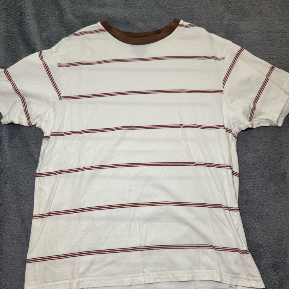 Cotton On White Tee with Red Stripes and Brown Neck
